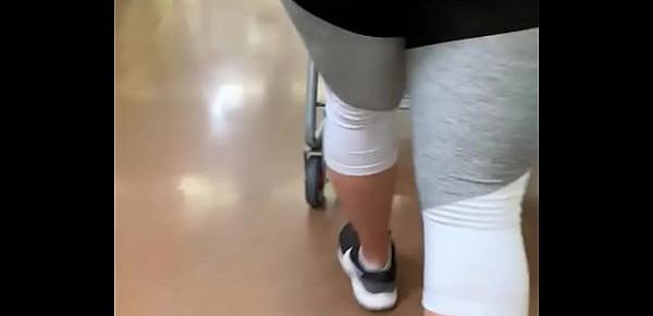  Big booty slut in see through leggings at store showing thong